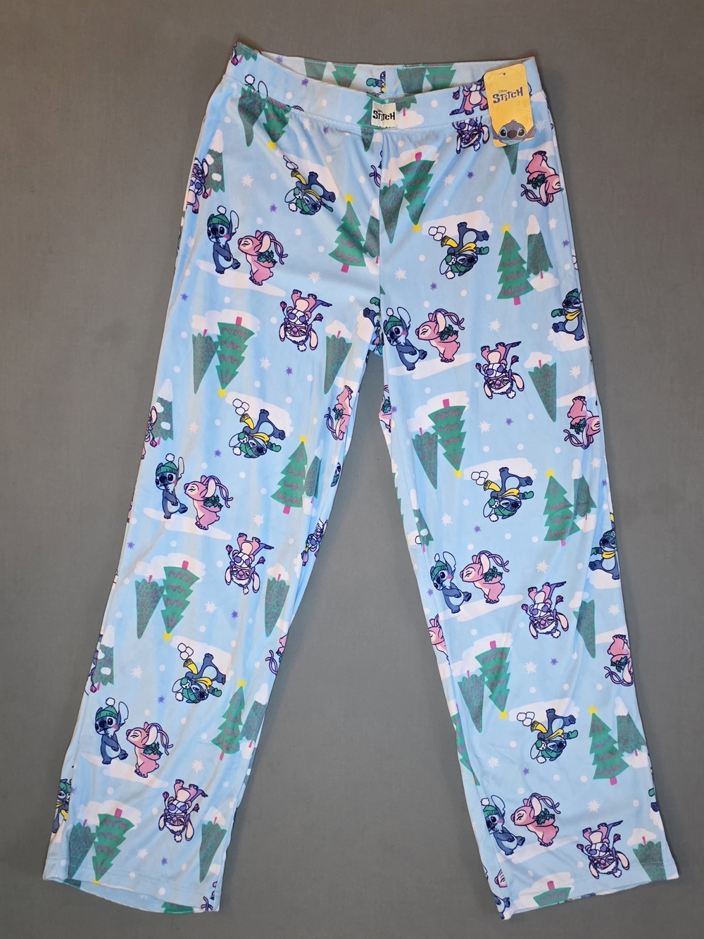 Disney Light Blue Stitch & Angel Pajama Bottoms with Holiday Trees